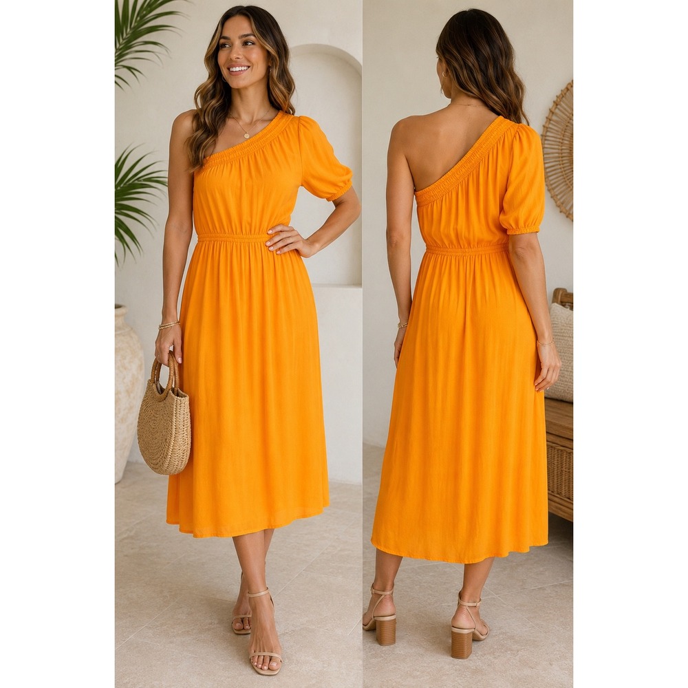 Nine West Womens One Shoulder Smocked Midi Dress Orange Pockets Large